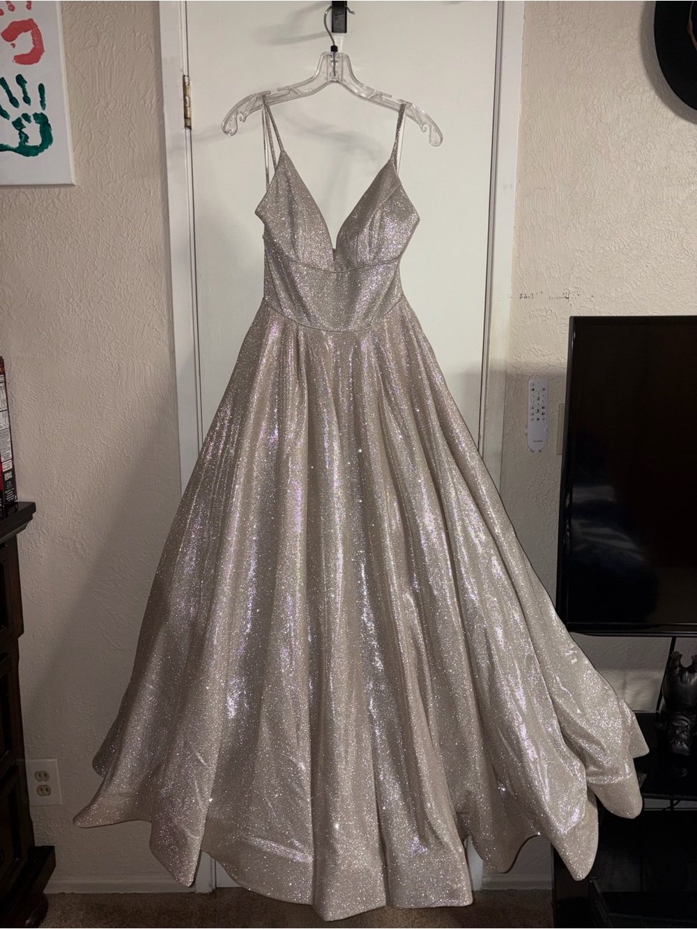Sherri Hill Sparkling Champagne Ball Gown with Spaghetti Straps Sz 2